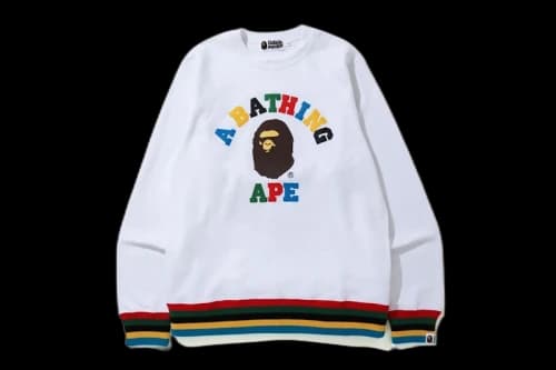 BAPE Multi Color Letters College Line Rib Crewneck White