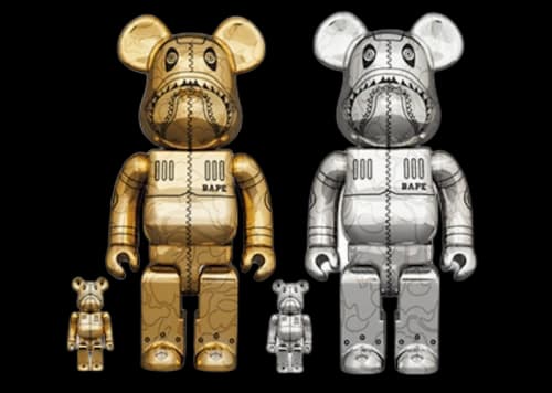 Bearbrick x BAPE x Hajime Sorayama Camo Shark 100% & 400% 4-Pc Set Gold & Silver