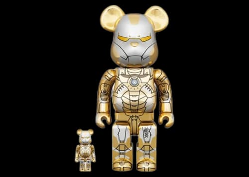 Bearbrick x Hajime Sorayama x Marvel Iron Man Reverse 100% & 400% Set Gold/Silver