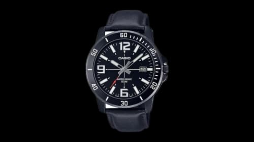 Casio Men’s Black Analog Watch with Date Display and Leather Band MTP-VD01BL-1BVUDF-NOBX-EW