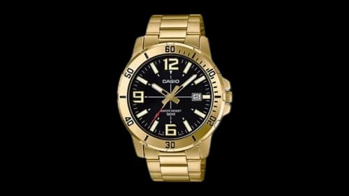 Casio Men’s Black Dial Analog Watch with Gold Tone Bracelet MTP-VD01G-1BVUDF-NOBX-EW
