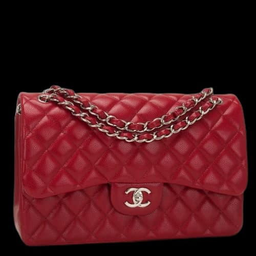 Chanel Classic Double Flap Quilted Caviar Silver-tone Jumbo Red