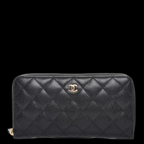 Chanel Gusset Zip Around Wallet Quilted Caviar Gold-tone Large Black
