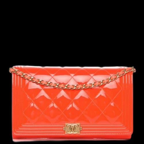 Chanel Boy Wallet on Removable Chain Quilted Diamond Patent Leather/Calfskin Orange