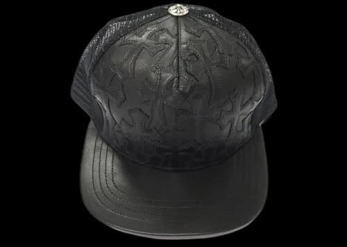 Chrome Hearts Cemetary Cross Leather Stitched Trucker Hat Black