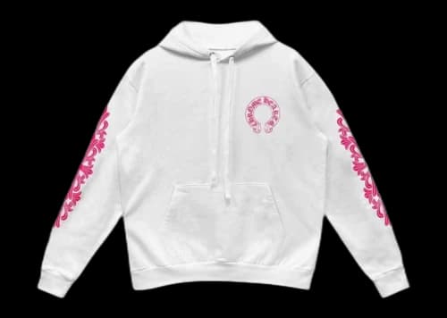 Chrome Hearts Pink Horseshoe Floral Sleeve Pullover Hoodie White