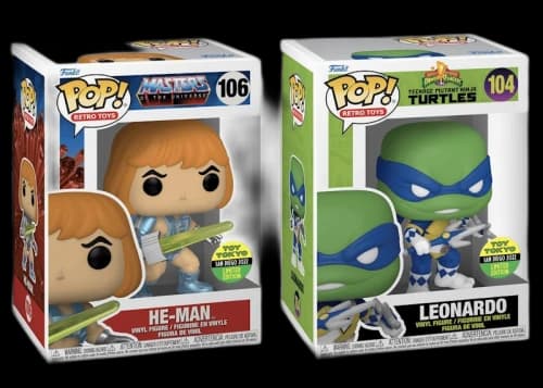 Funko Pop! Retro Toys Masters of the Universe He-Man Figure #106 & Power Rangers x Teenage Mutant Ninja Turtles Leonardo Figure #104 Toy Tokyo 2022 SDCC Exclusive Bundle