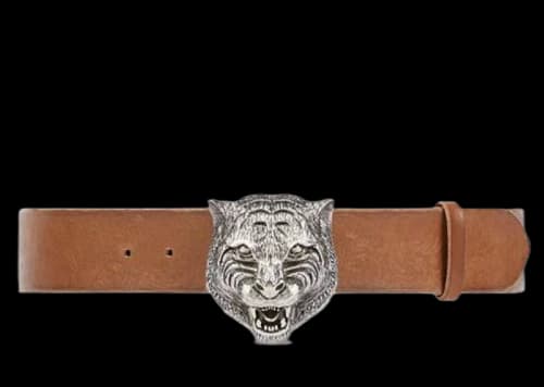 Gucci Feline Antique Silver Buckle Leather Belt 1.5"W Brown