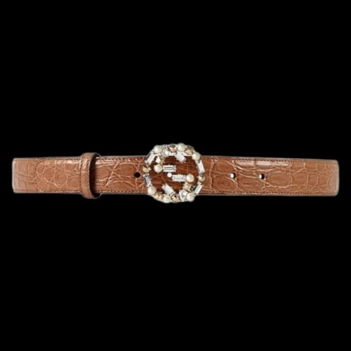 Gucci Interlocking G Belt Crocodile Crystal Pearl Brown