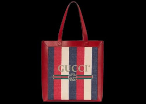 Gucci Vintage Logo Tote Linen Leather Hibiscus Red/Blue/White