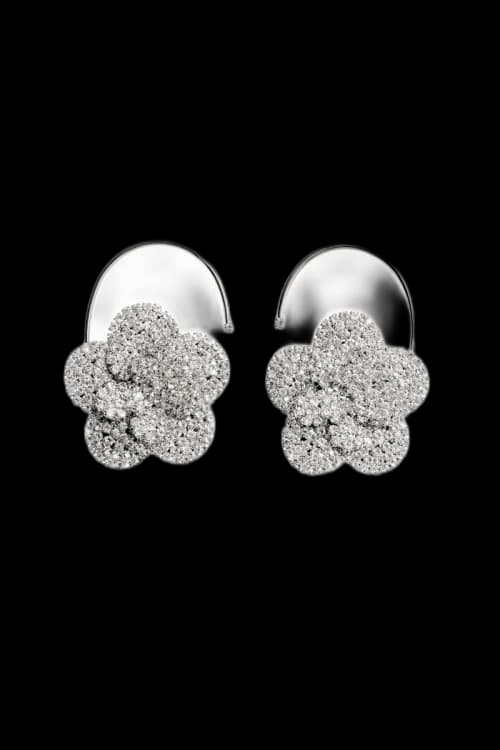 H&M x Magda Butrym Rhinestone-Embellished Flower Clip Earrings Silver-Colored