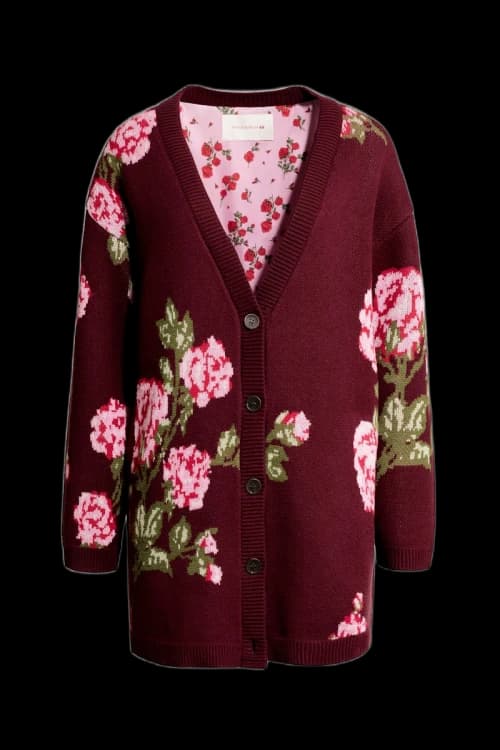 H&M x Magda Butrym Wool-Blend Jacquard-Knit Cardigan Burgundy/Roses