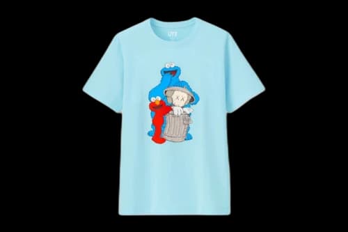 KAWS x Uniqlo x Sesame Street Companion Trash Can Tee Light Blue
