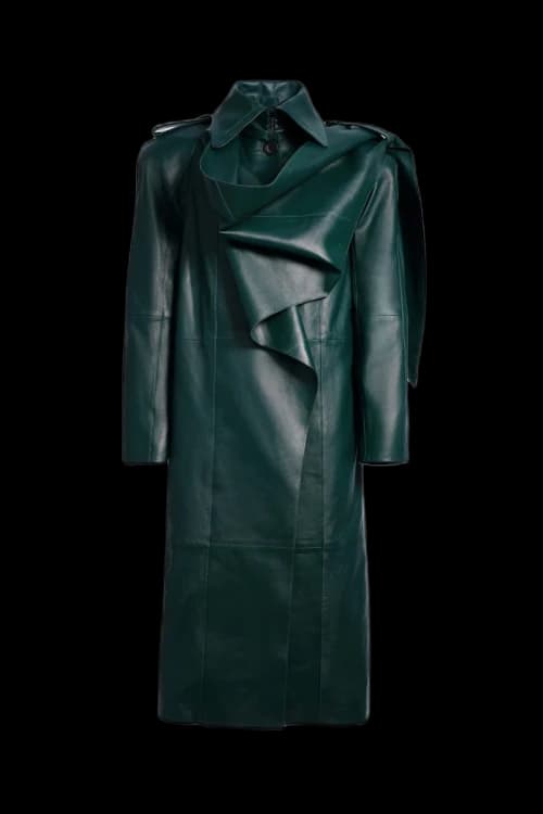 Mugler H&M Leather Trench Coat with Scarf Dark Green