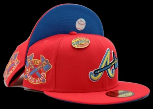 New Era Atlanta Braves Hot Rod Collection Tomahawk Pin Capsule Hats Exclusive 59Fifty Fitted Hat Infrared/Blue