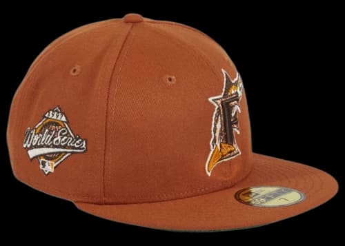 New Era Campfire Miami Marlins 1997 World Series Patch Hat Club Exclusive 59Fifty Fitted Hat Burnt Orange