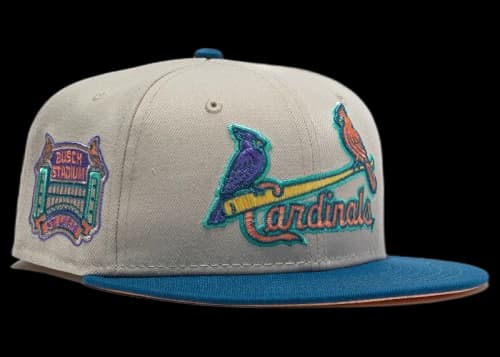 New Era Cardinals Ocean Drive Busch Stadium Patch Hat Club Exclusive 59Fifty Fitted Hat Stone/Indigo/Peach