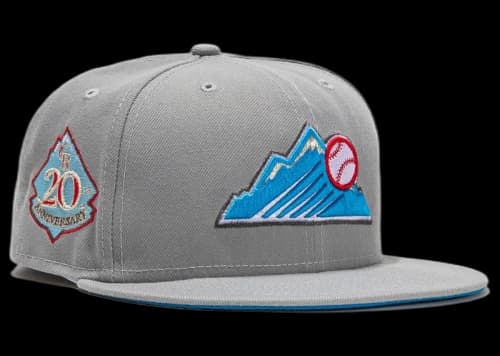 New Era Colorado Rockies Beer Pack 20th Anniversary Patch Mountain Hat Club Exclusive 59Fifty Fitted Hat Gray/Light Blue