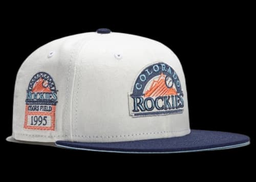 New Era Colorado Rockies Monaco 1995 Inaugural Patch Logo Hat Club Exclusive 59Fifty Fitted Hat Stone/Peach