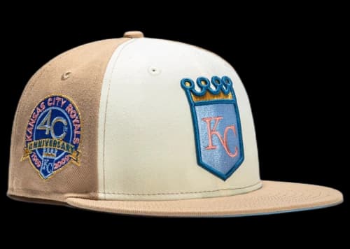 New Era Kansas City Royals Sugar Shack 2.0 40th Anniversary Patch Rail Hat Club Exclusive 59Fifty Fitted Hat White/Tan/Peach