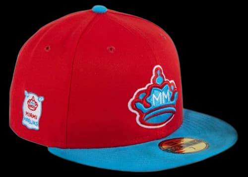 New Era Miami Marlins City Connect Patch Hat Club Exclusive 59Fifty Fitted Hat Red/Neon Blue