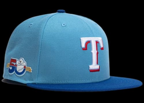 New Era Texas Rangers 50th Anniversary Patch Alternate 2 Hat Club Exclusive 59Fifty Fitted Hat Light Blue/Royal