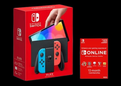 Nintendo Switch OLED with Online 12 Month Family Membership Bundle NS-HEGSKABAA Neon Blue/Neon Red