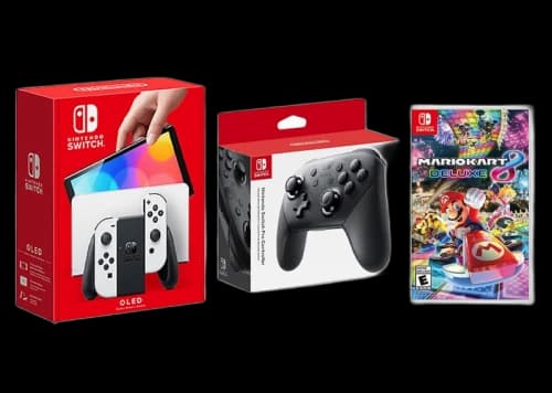 Nintendo Switch OLED with Pro Controller and Mario Kart 8 Deluxe Game Bundle NS-HEGSKAAAA White