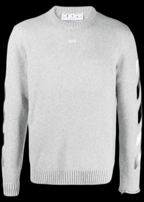 OFF-WHITE Arrow Logo Print Intarsia Knit Crewneck Light Grey White