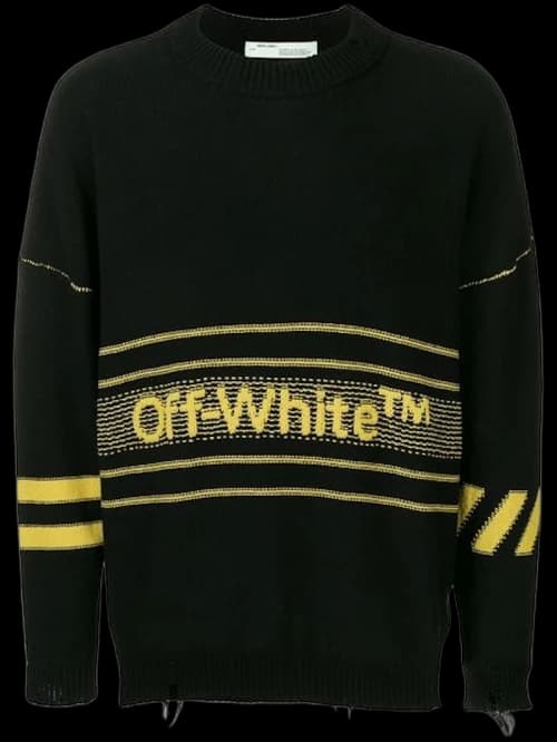 OFF-WHITE Distressed Logo Intarsia Wool Sweater Black/Yellow