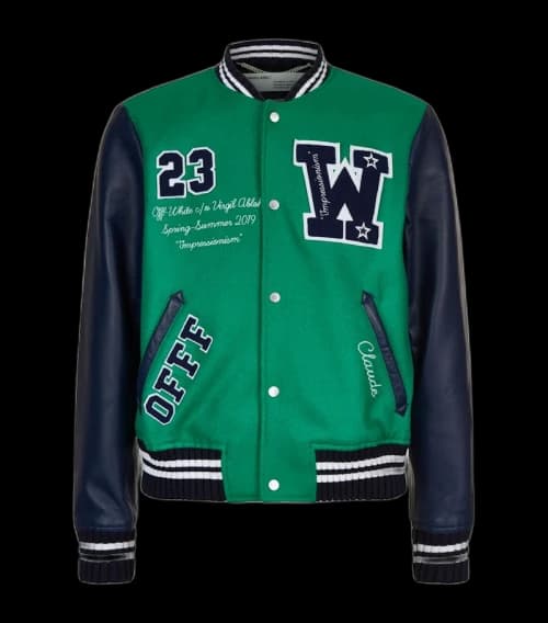OFF-WHITE Eagle Logo Leather Sleeve Varsity Jacket Green/Navy/White