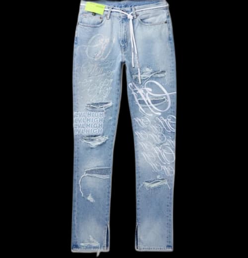 OFF-WHITE EV BRAVADO Crystal Distressed Denim Jeans Light Blue