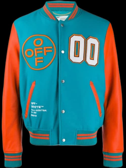 OFF-WHITE Leather Varsity Jacket Blue Acqua/Multicolor