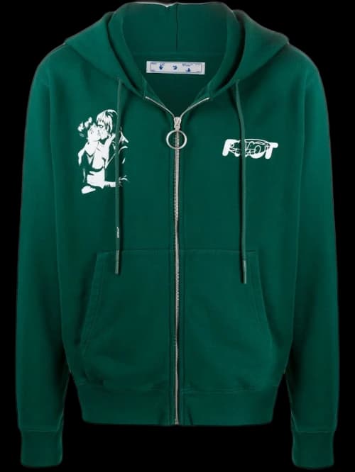 OFF-WHITE Slim Fit Kiss 21 Full Zip Hoodie Dark Green/White