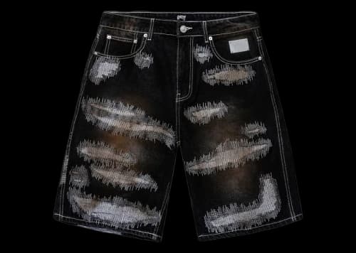 Revenge Distressed Patchwork Denim Short Dirty Black