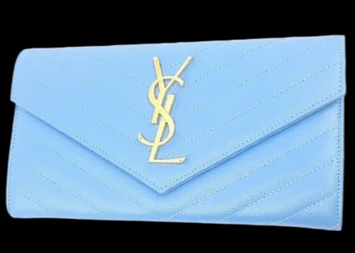 Saint Laurent College Flap Wallet Chevron Gold-tone Blue Clair