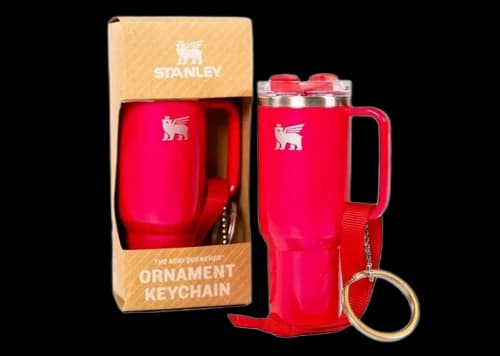 Stanley Water Bottle Keychain Christmas Tree Ornament Strawberry Red Shimmer