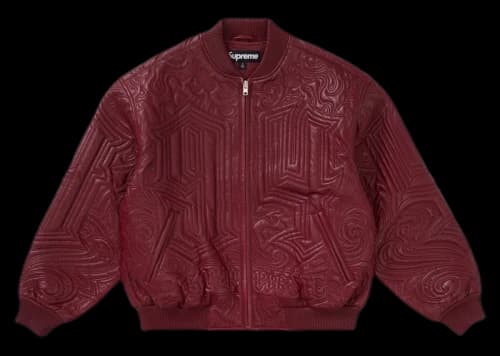 Supreme Mister Cartoon Embroidered Leather Jacket Burgundy