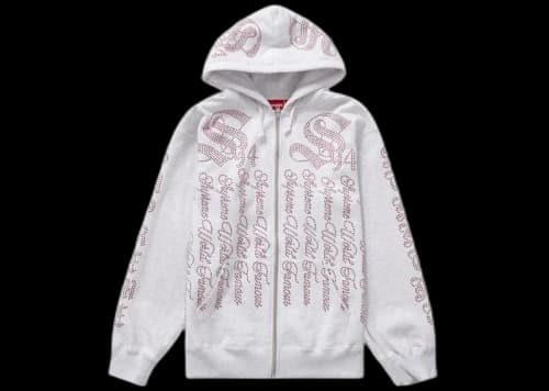 Supreme Rhinestone Zip Up Hooded Sweatshirt Ash Grey