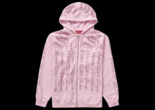 Supreme Rhinestone Zip Up Hooded Sweatshirt Pink