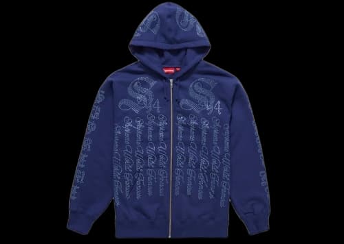 Supreme Rhinestone Zip Up Hooded Sweatshirt Washed Navy