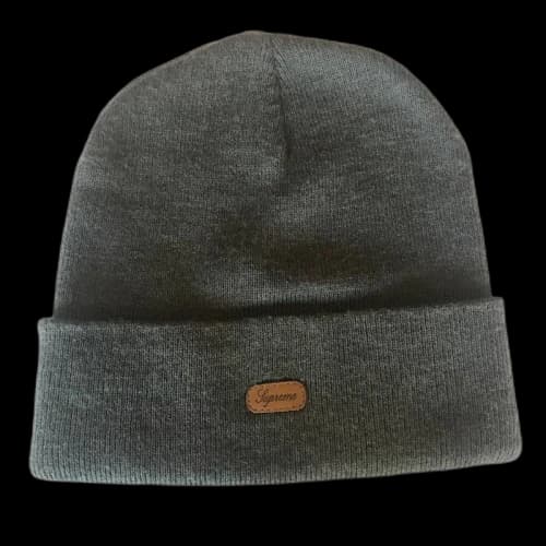 Supreme Script Leather Patch Beanie Heather Grey