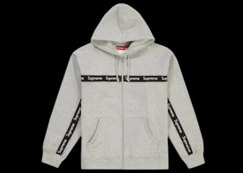 Supreme Text Stripe Zip Up Hooded Sweatshirt Heather Grey