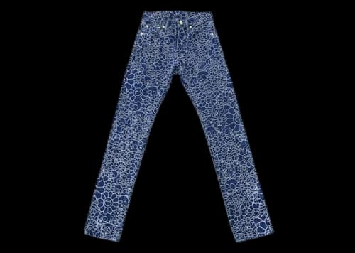 Takashi Murakami Flowers and Skulls Jacquard Denim Pants Dark Blue