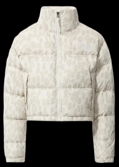 The North Face Womens Printed Nuptse 700 Fill Short Jacket Silver Grey Leopard Print