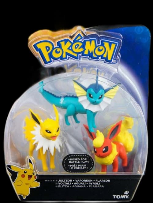 Tomy Pokemon Action Pose Vaporeon, Jolteon & Flareon Larger Scale, Yellow & Blue Package Mini Figure (Set of 3)