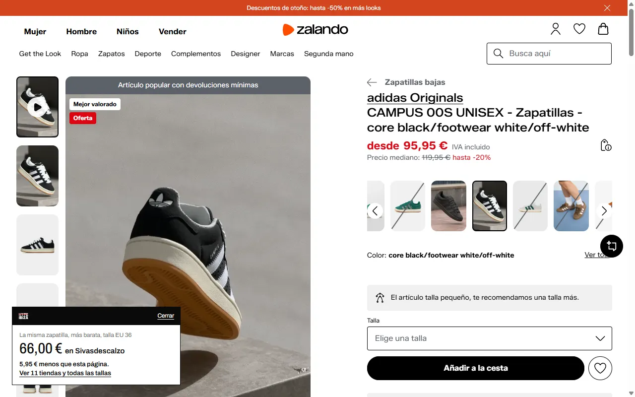 La tarjeta de HYPEIBIZA en la esquina de una página de producto de Zalando