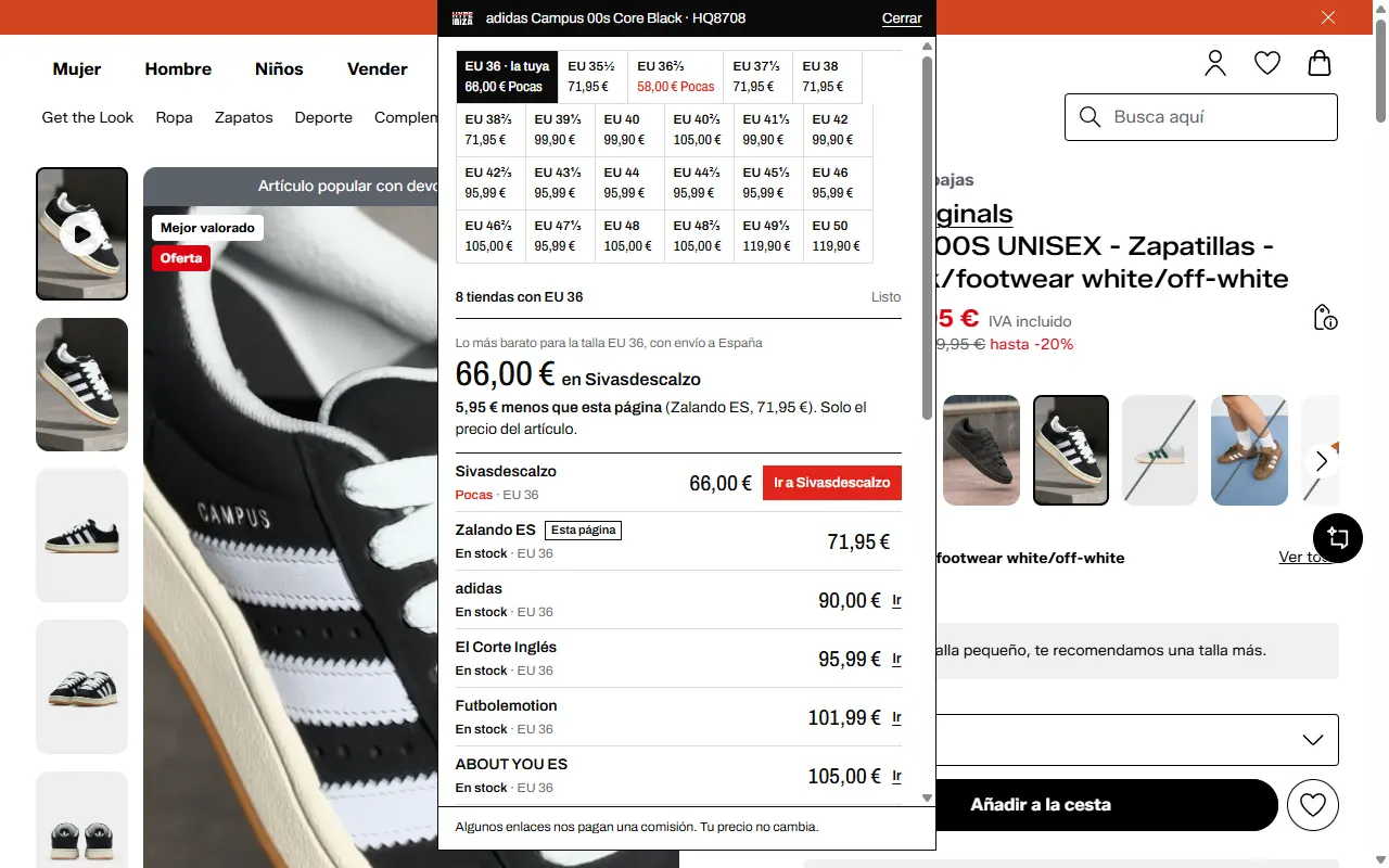 La lista de tiendas y tallas